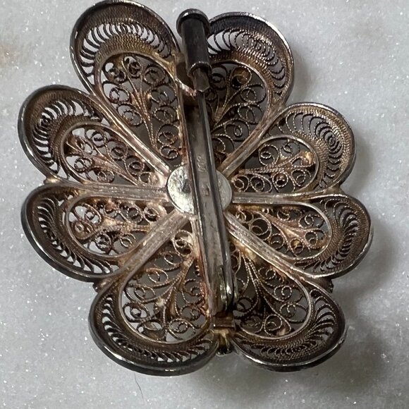 Antique 800 Silver Domed Brooch Genova Italy Filigree Etruscan Revival Scroll - Picture 3 of 10